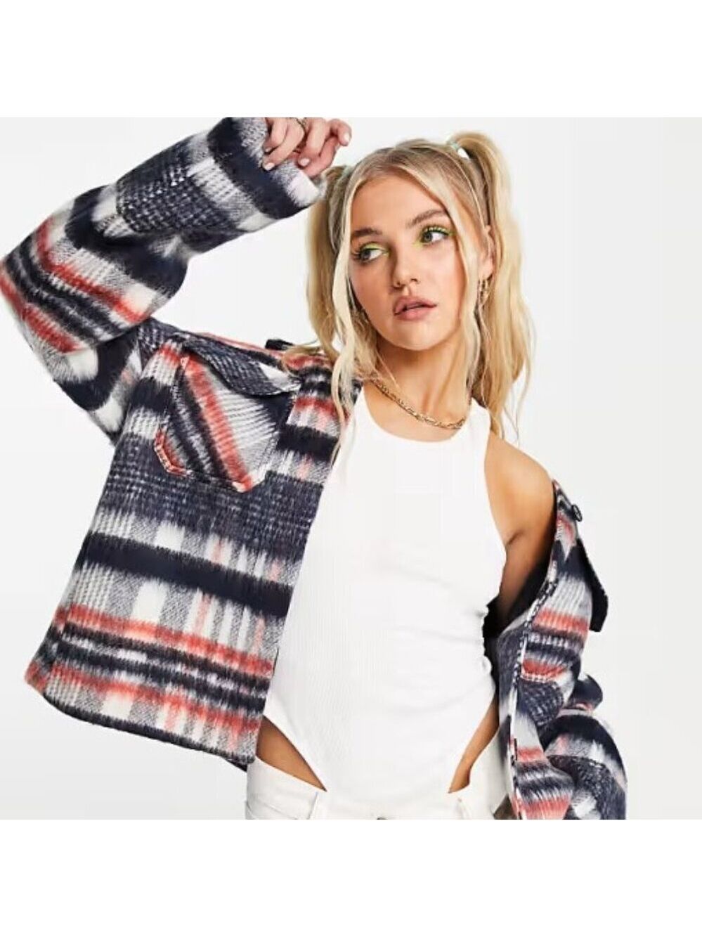 Weekday Isa Brushed Plaid Check Jacket, Red/Navy/White - Size XS